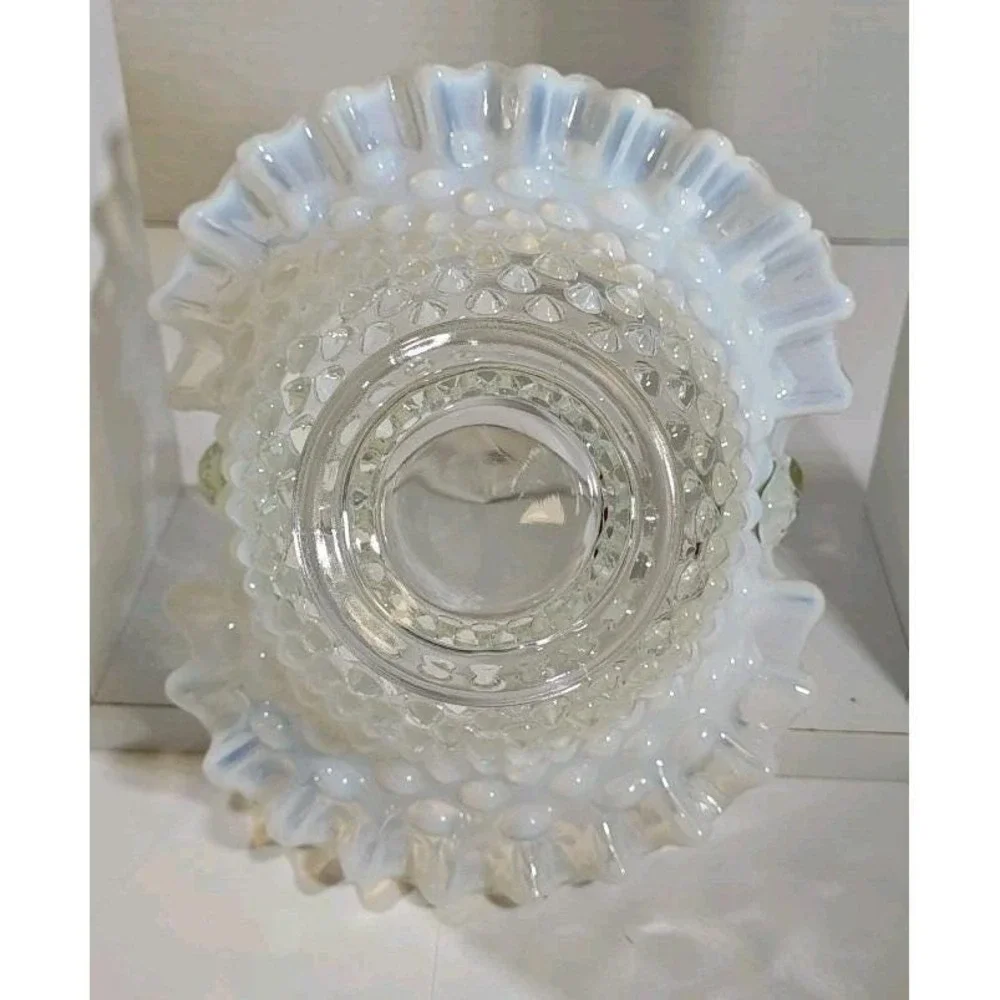 Fenton Hobnail White Opalescent Milk Glass Basket Ruffled Rim Bamboo Handle 7in